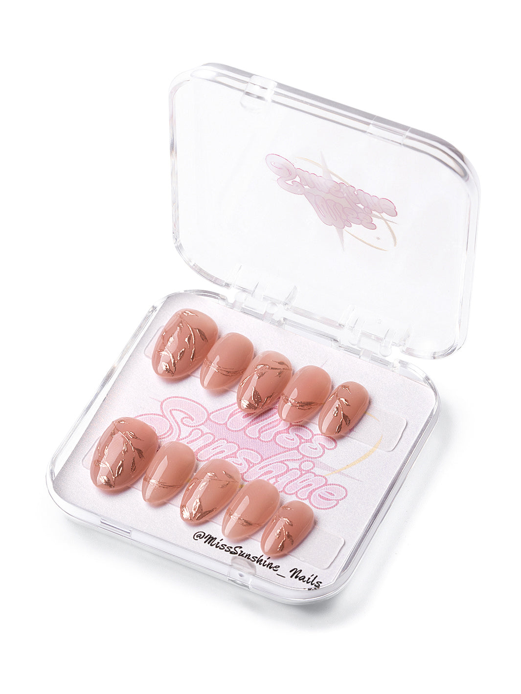Nude almond press-on nails with elegant gold foil vine details, perfect for classy minimal nail looks