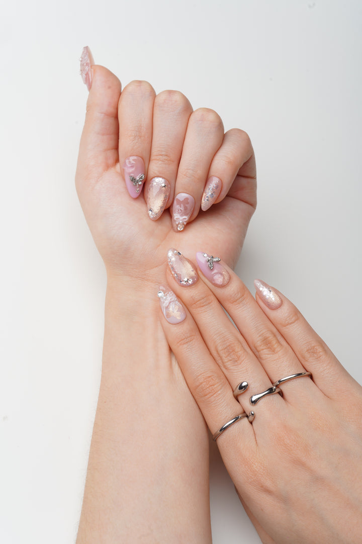 Handmade blush butterfly press on nails manicure set