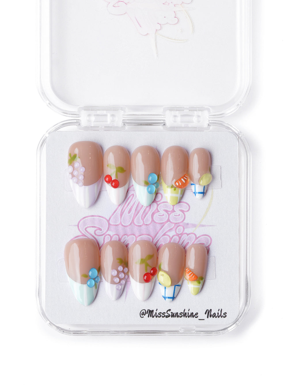 Handmade short almond press on nails with cherries, grapes, and citrus accents