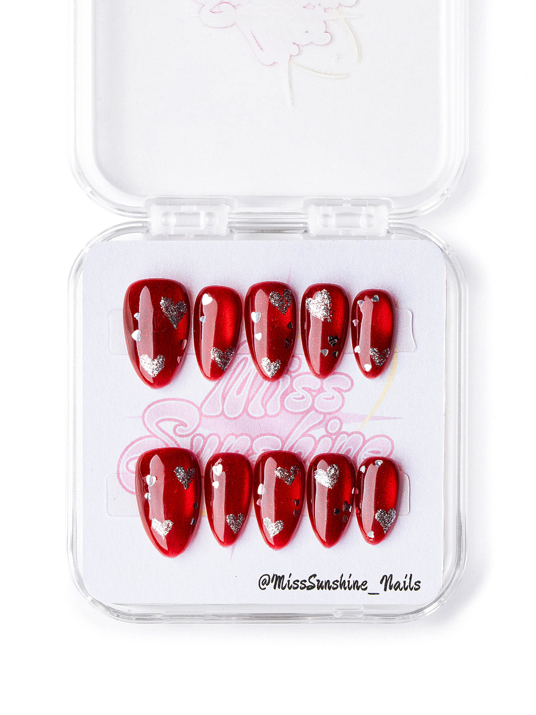 Extra short almond red cat eye nails with magnetic shimmer