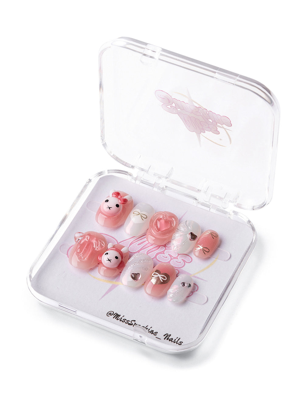 Extra short oval nails with Miffy charms and pink hearts