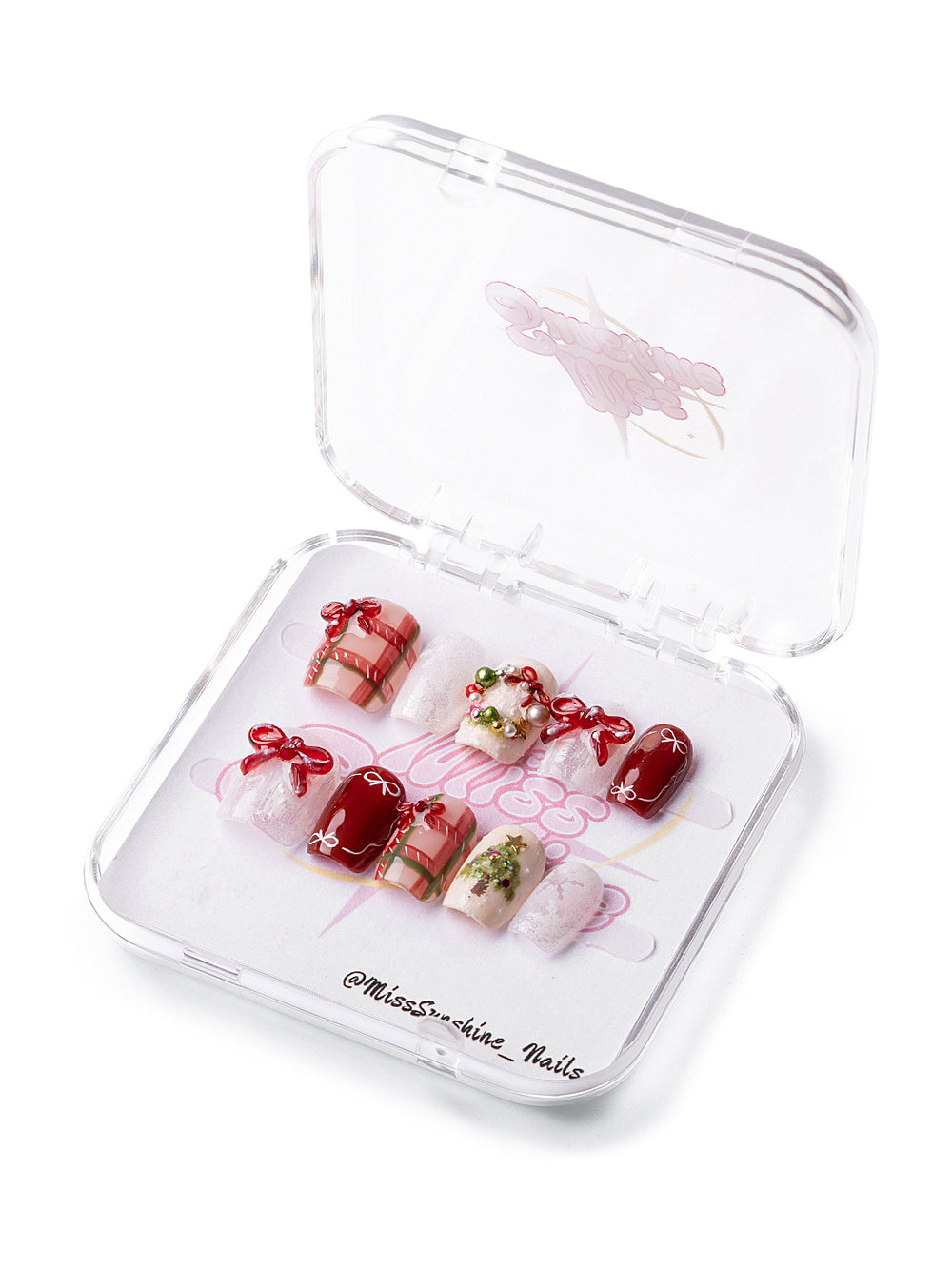 Extra short red and green nails with gift boxes