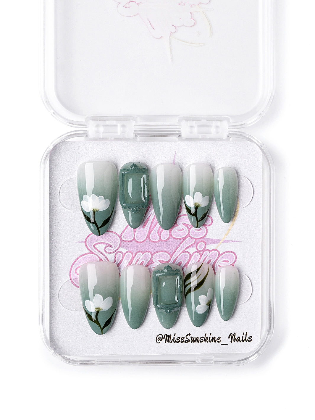 Green floral short almond press-on nails inspired by jade elegance