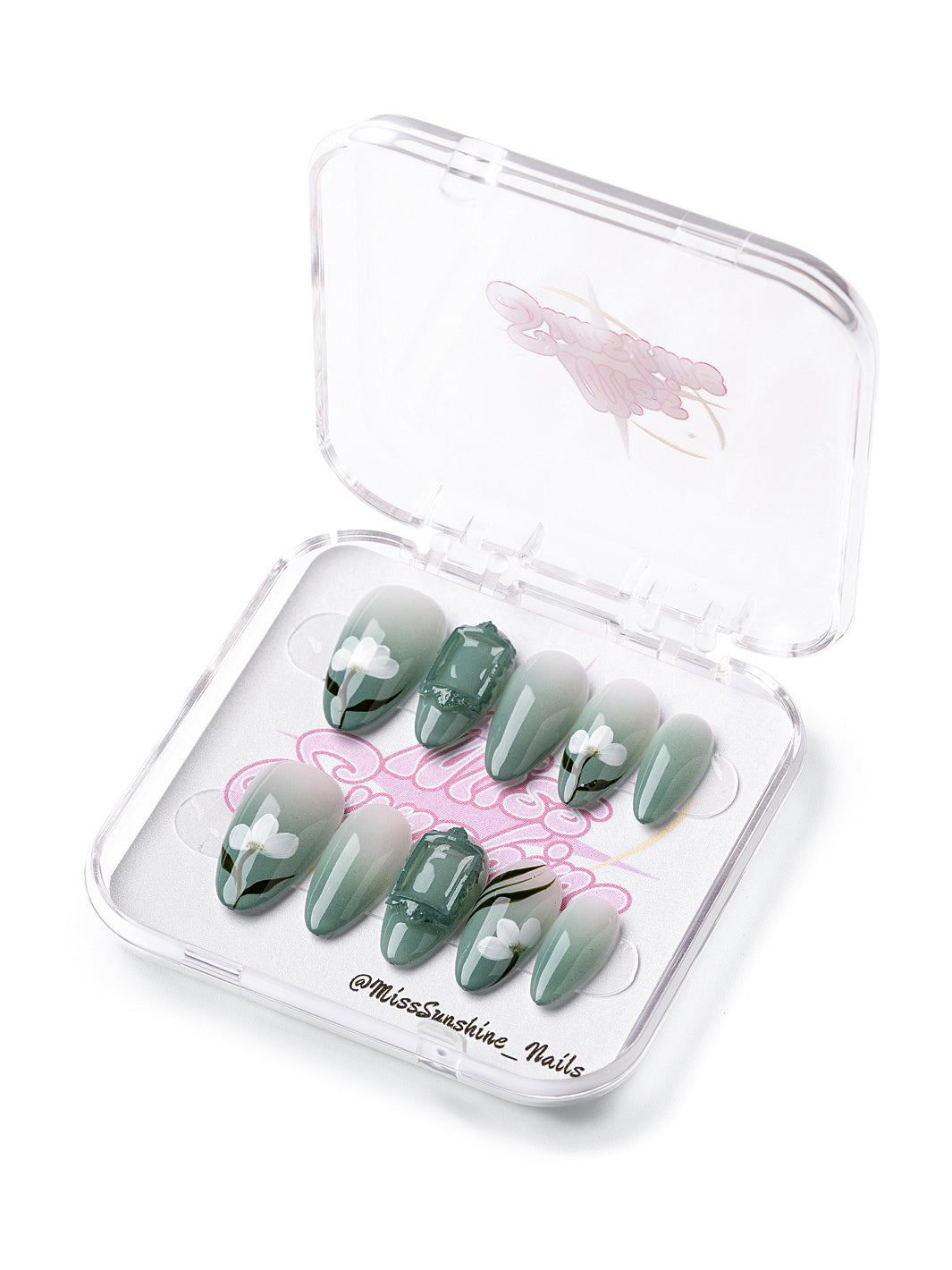 Jade Flower short almond Lunar New Year press-on nails with soft jade green tones and white floral designs
