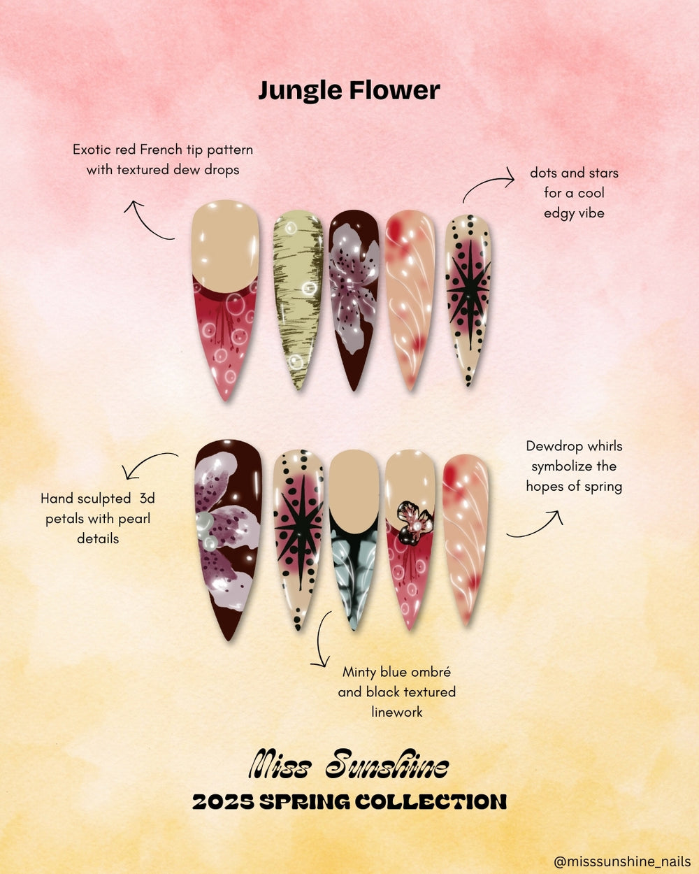 Long stiletto nails with 3D butterflies and floral prints