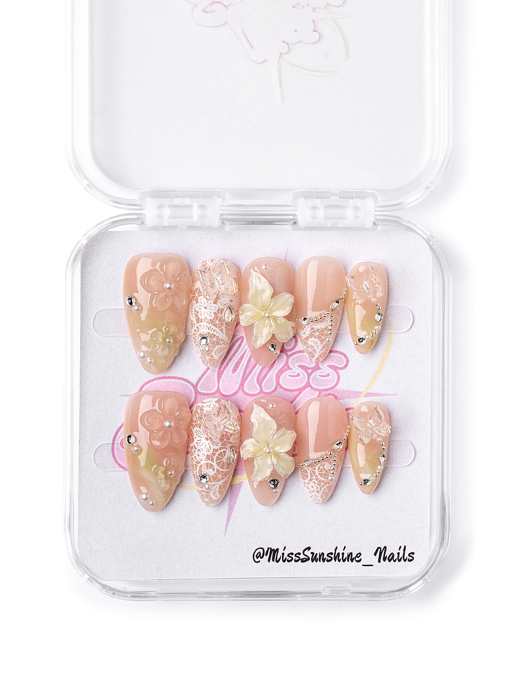 Lace Blossom spring short almond floral press on nails