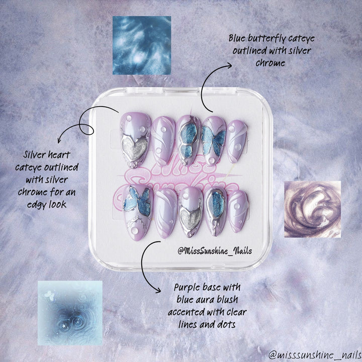 Whimsical lavender press-on nails with sculpted textures, hearts, and butterfly designs