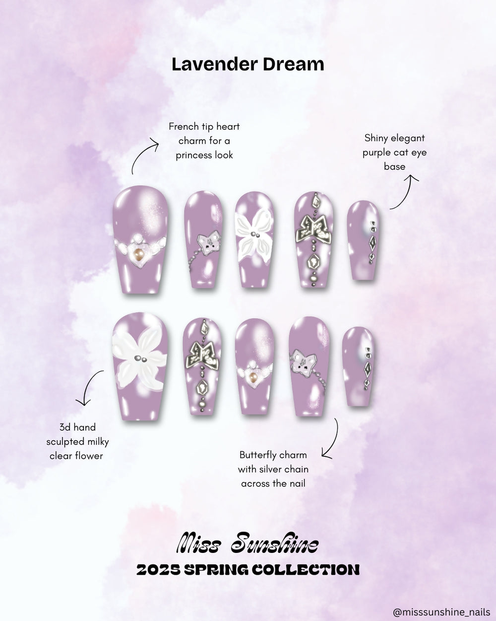 Lavender press-ons with 3D floral detail