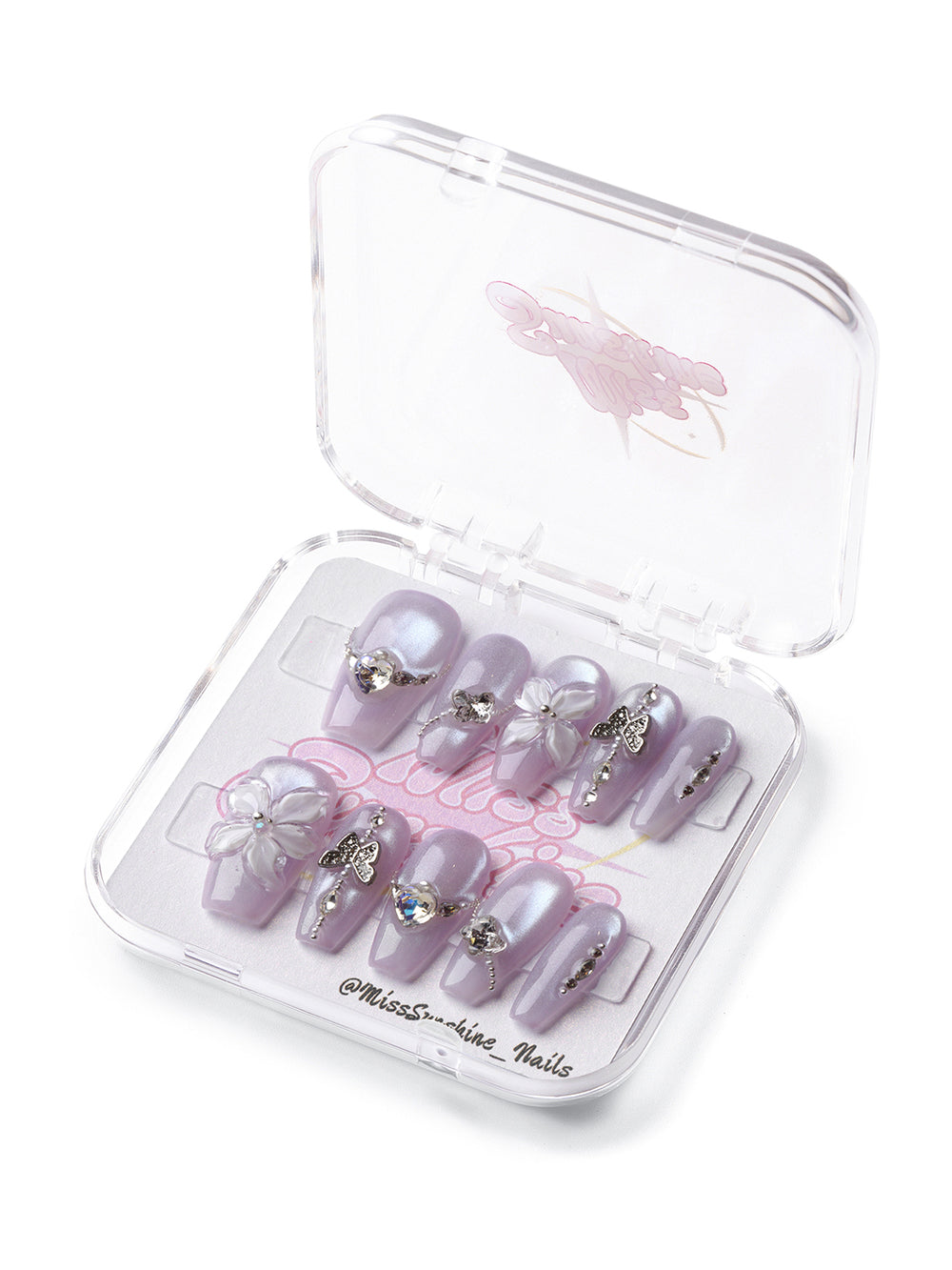 Lavender Dream medium coffin press-on nails with 3D flowers, crystal hearts, and silver butterfly accents.