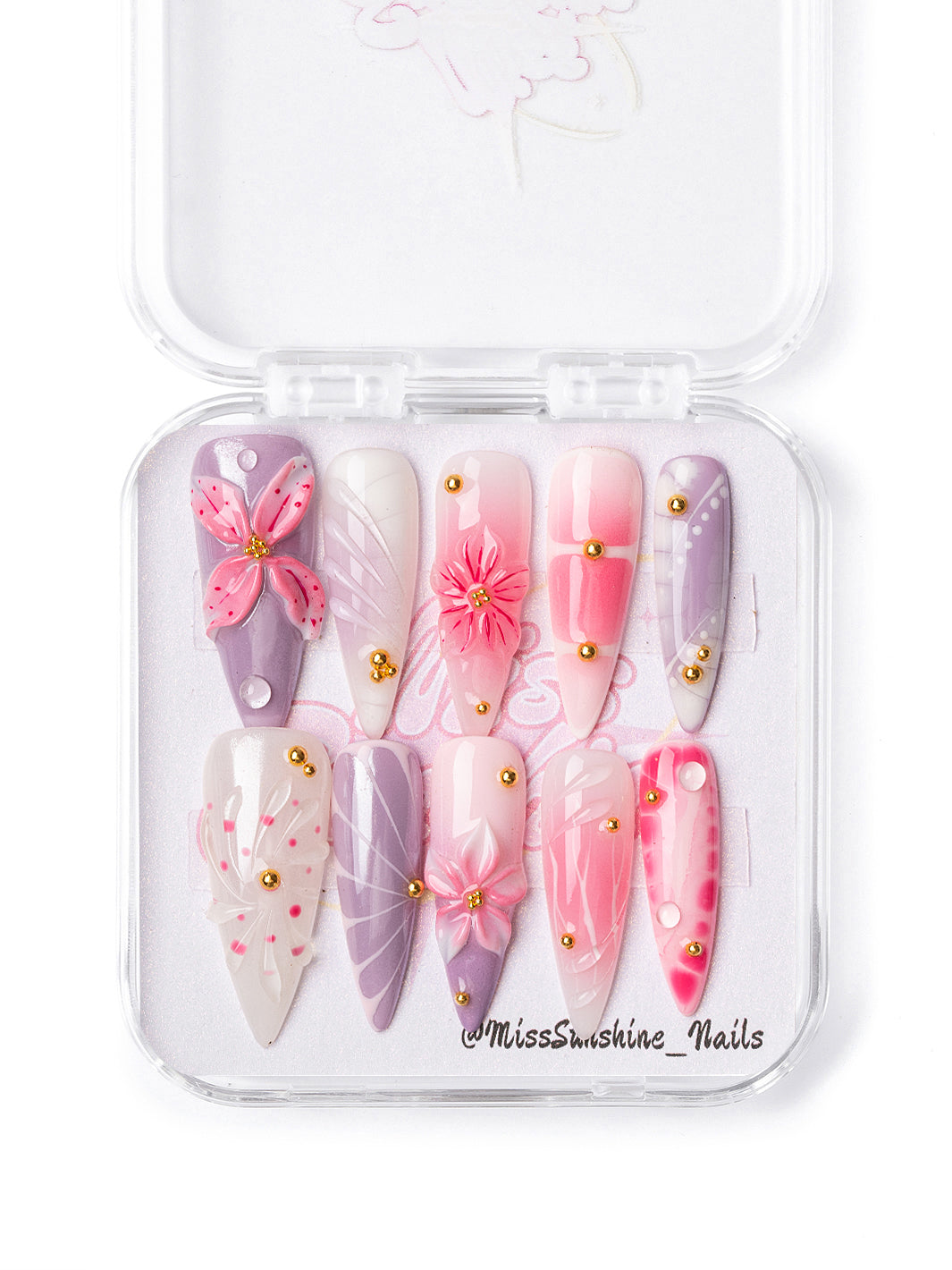 Lavender Petals press-on nails featuring pink and lavender floral accents