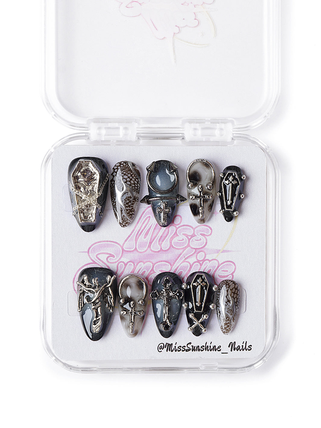 Gothic mini coffin and lace nails in black and silver