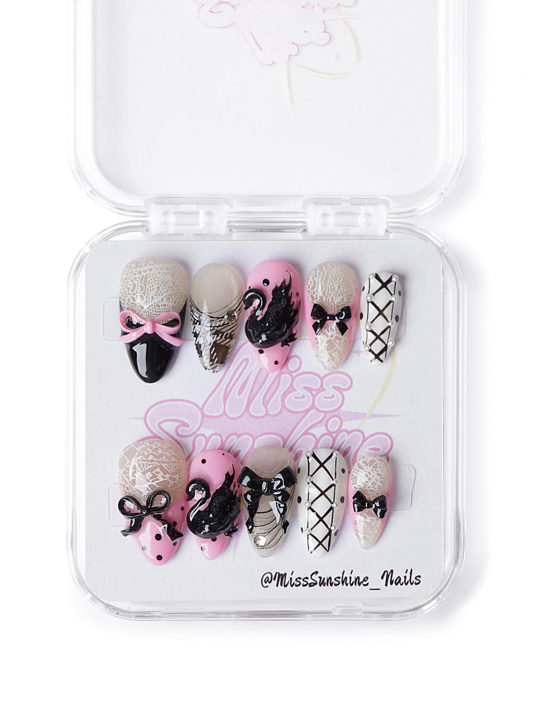 Little Lacey Swan nail set with pink and black gothic details