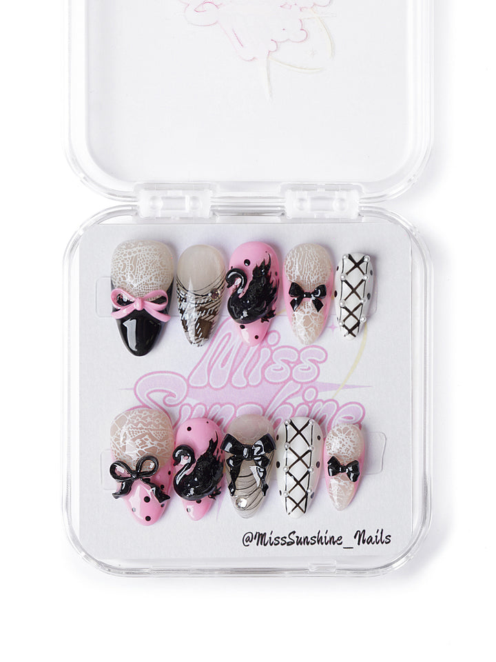 Little Lacey Swan nail set with pink and black gothic details