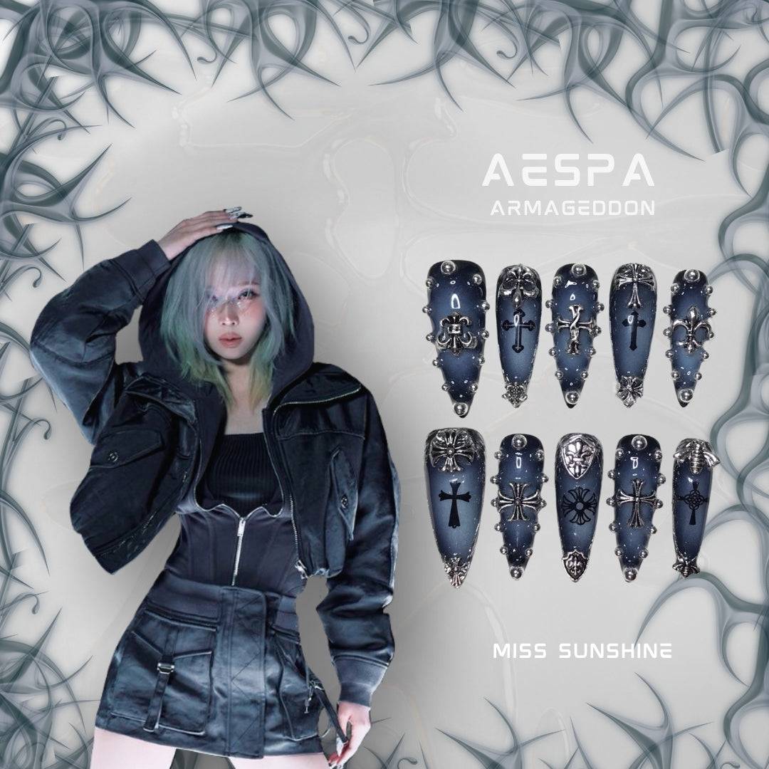 Chrome black gradient Aespa K-pop themed nail set by Miss Sunshine