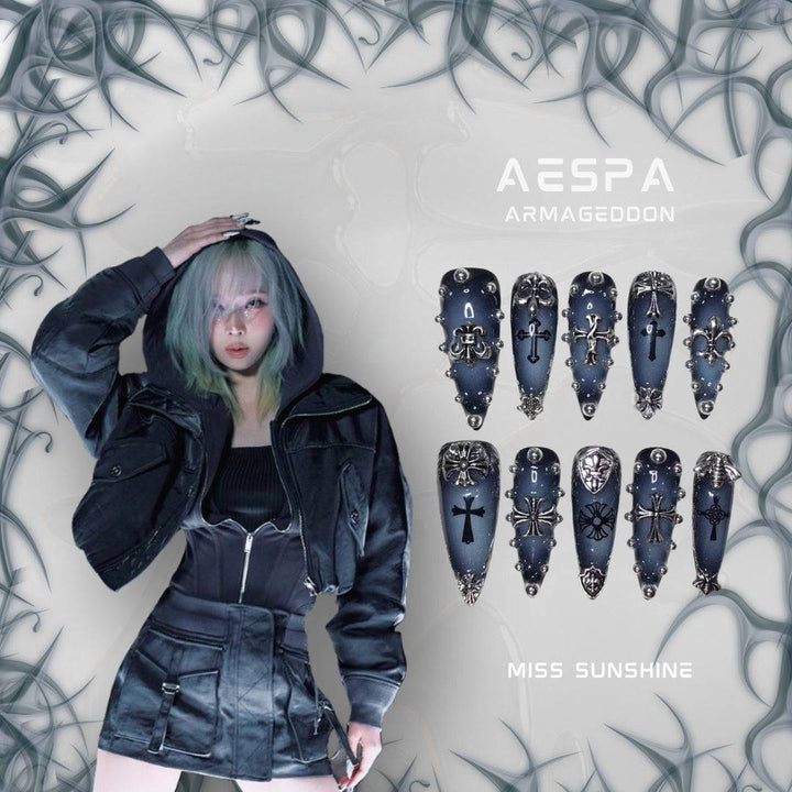 Chrome black gradient Aespa K-pop themed nail set by Miss Sunshine