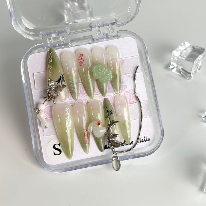 Elegant Asian-inspired jade press-on nails