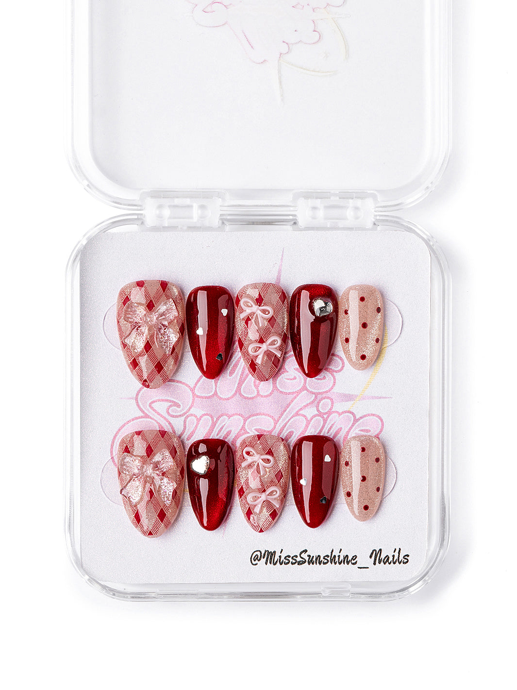 Extra short almond press-on nails with red plaid and pink bows