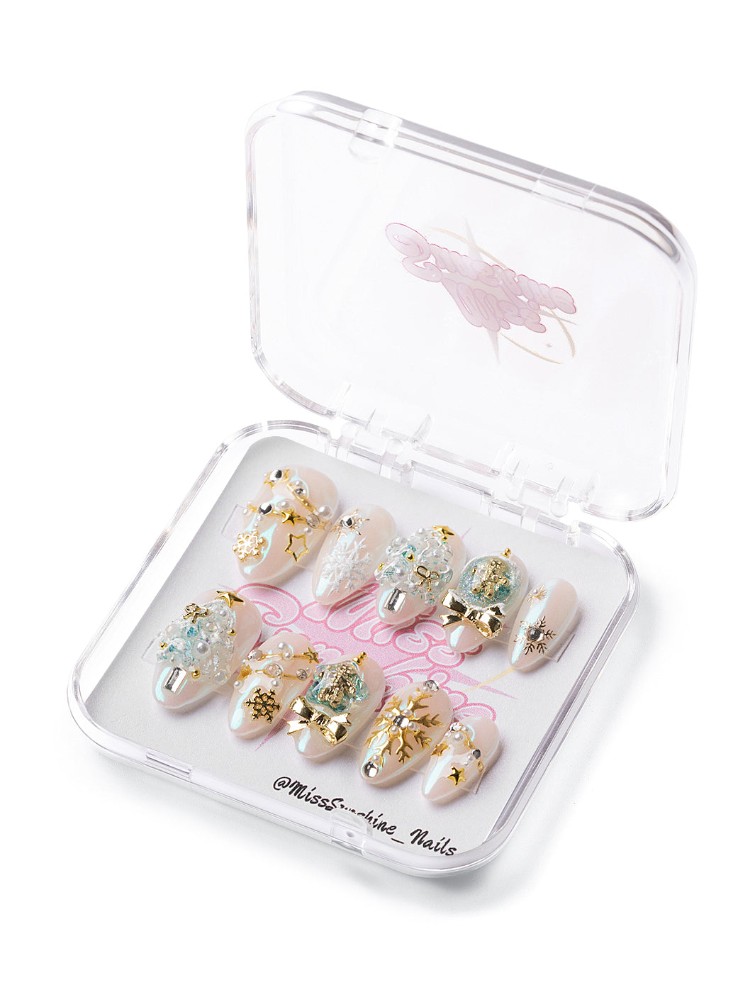 Lovely Christmas short almond press-on nails with festive 3D details