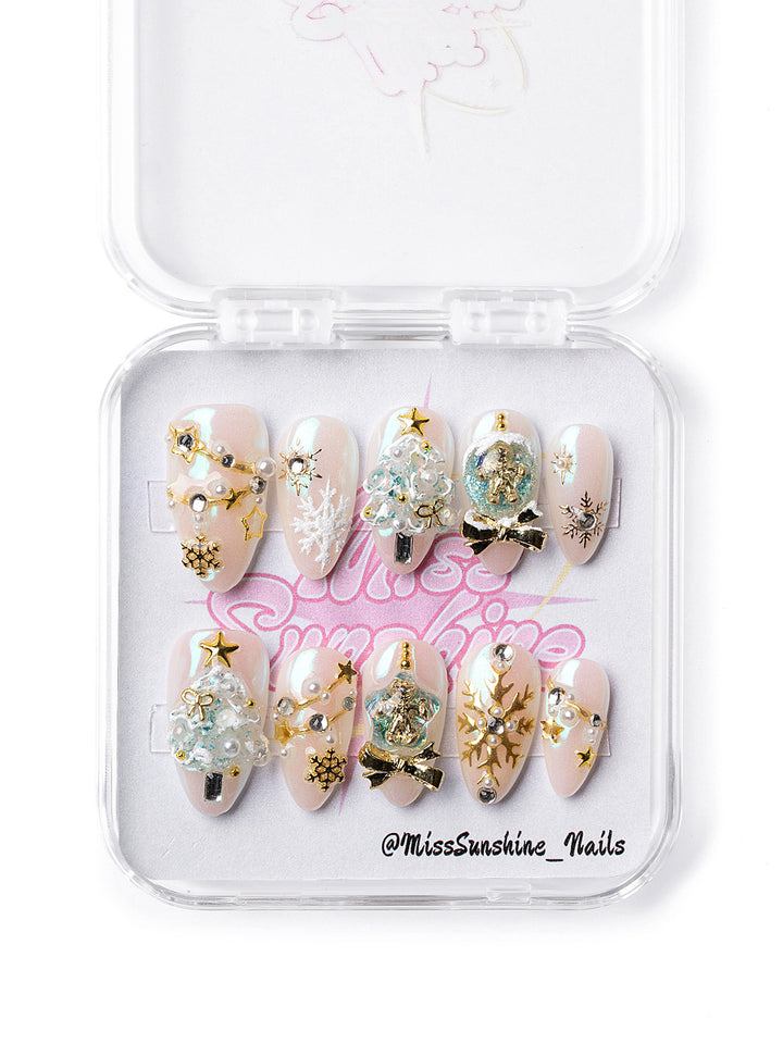 Short almond nails with trees, bows, and holiday sparkle