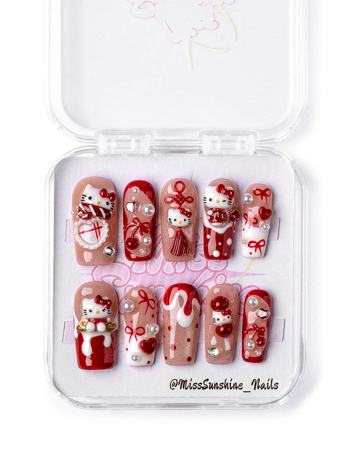 Festive Lunar New Year medium square press-on nails with lucky cat art, pearls, and red bows