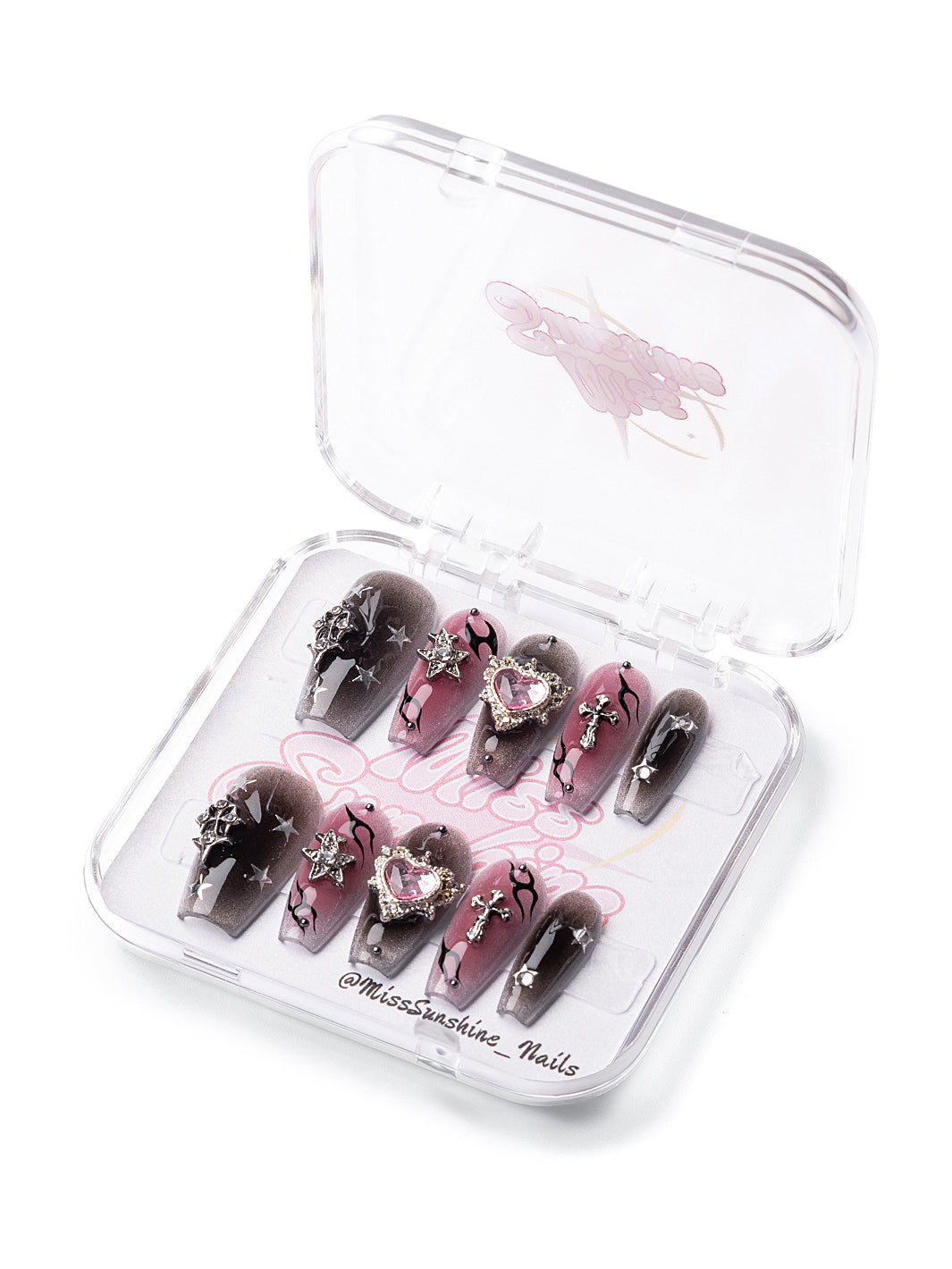 Pink black ombré nails with chrome flames