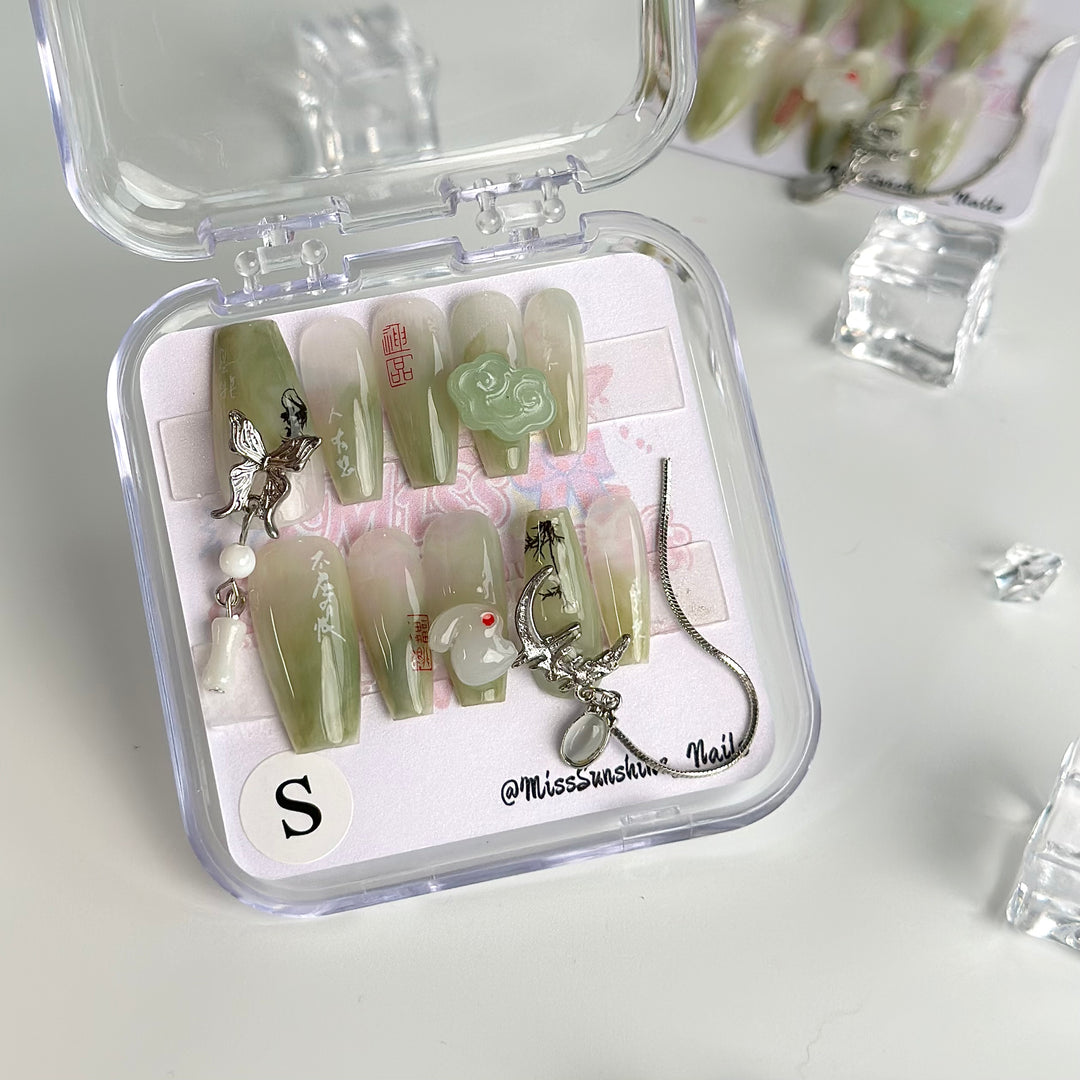 Coffin and stiletto shape jade fantasy nails