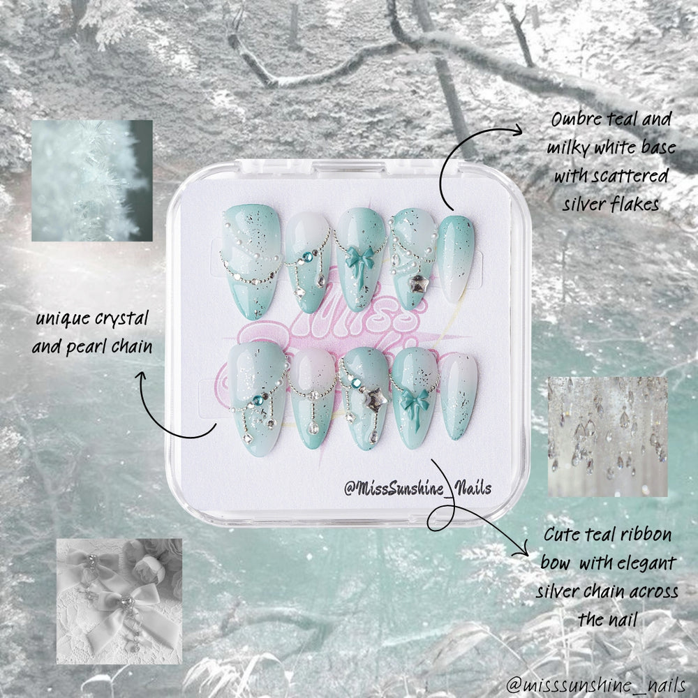 Winter mint gradient nail set with stars, gems, and sparkling silver details