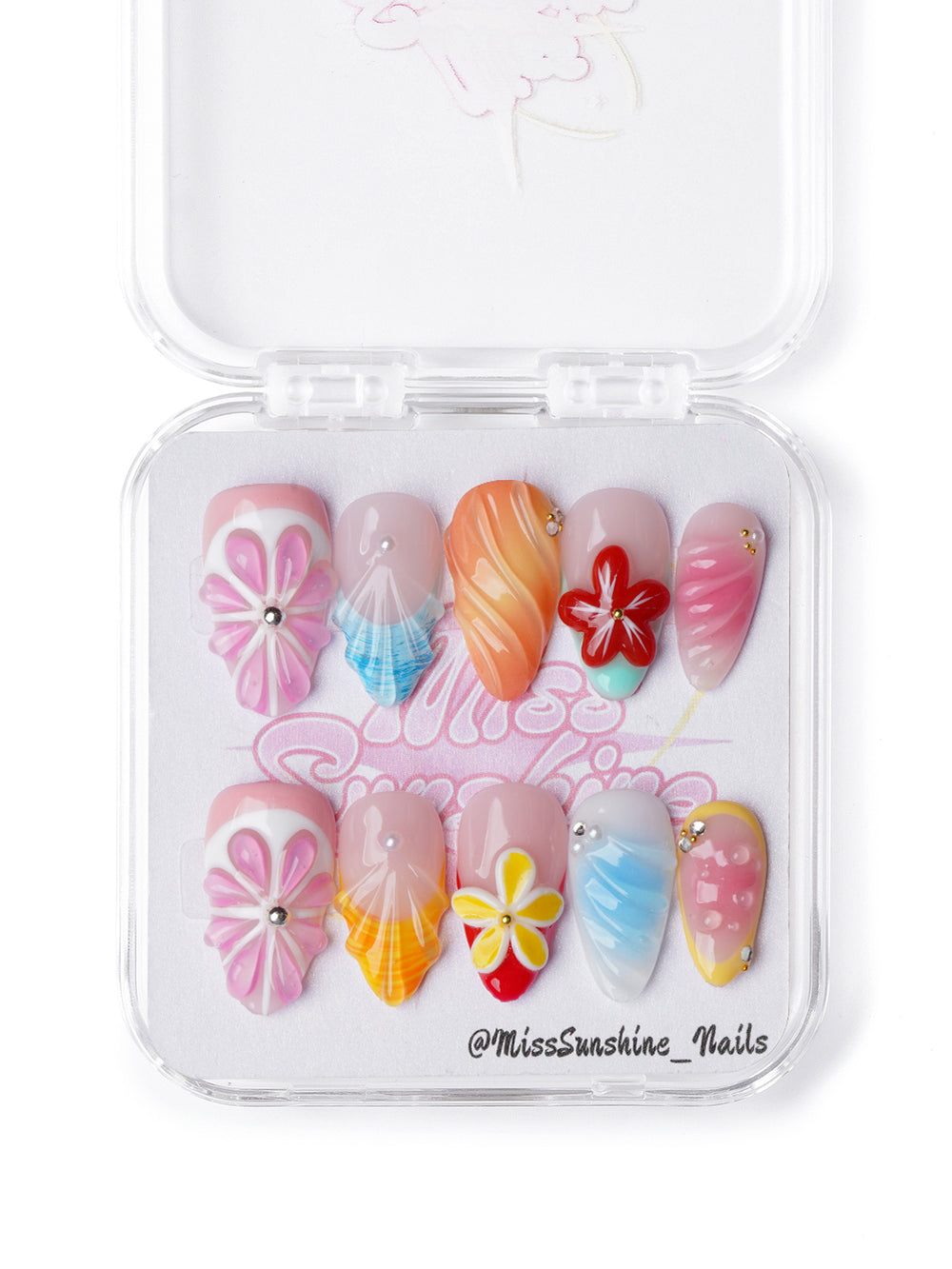 Colorful short almond nails with hibiscus flowers and sunset-inspired swirls