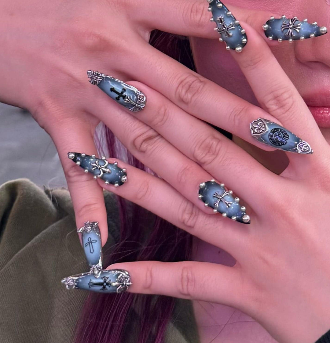 Handmade Aespa-inspired press-on nails with chrome cross charms