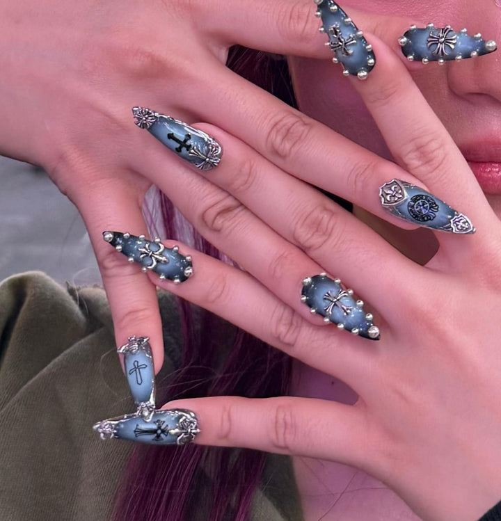 Handmade Aespa-inspired press-on nails with chrome cross charms