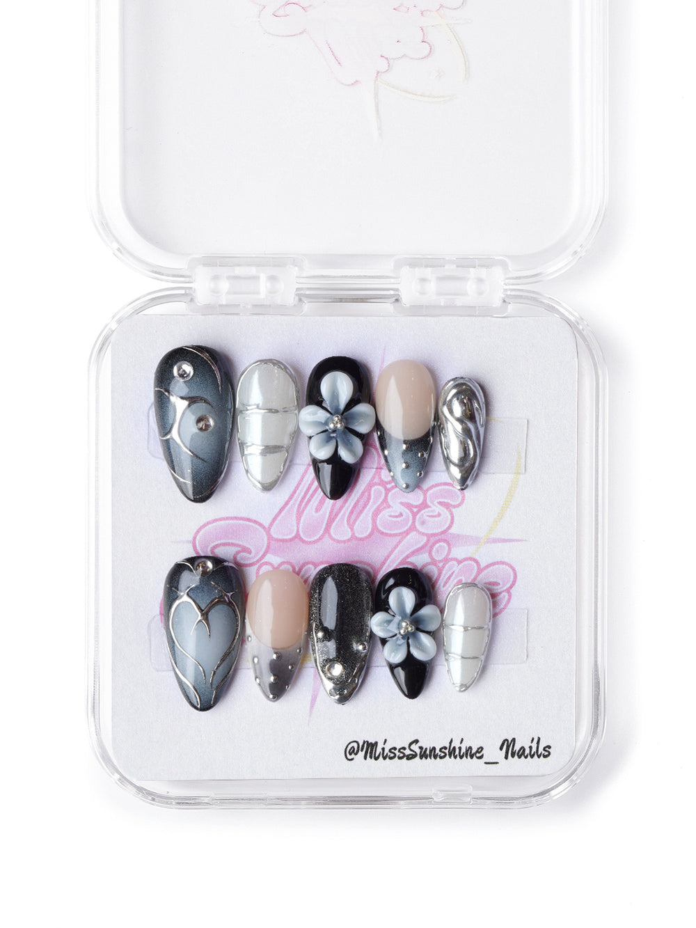 techno-inspired floral chrome nails with silver accents and 3D blue flowers