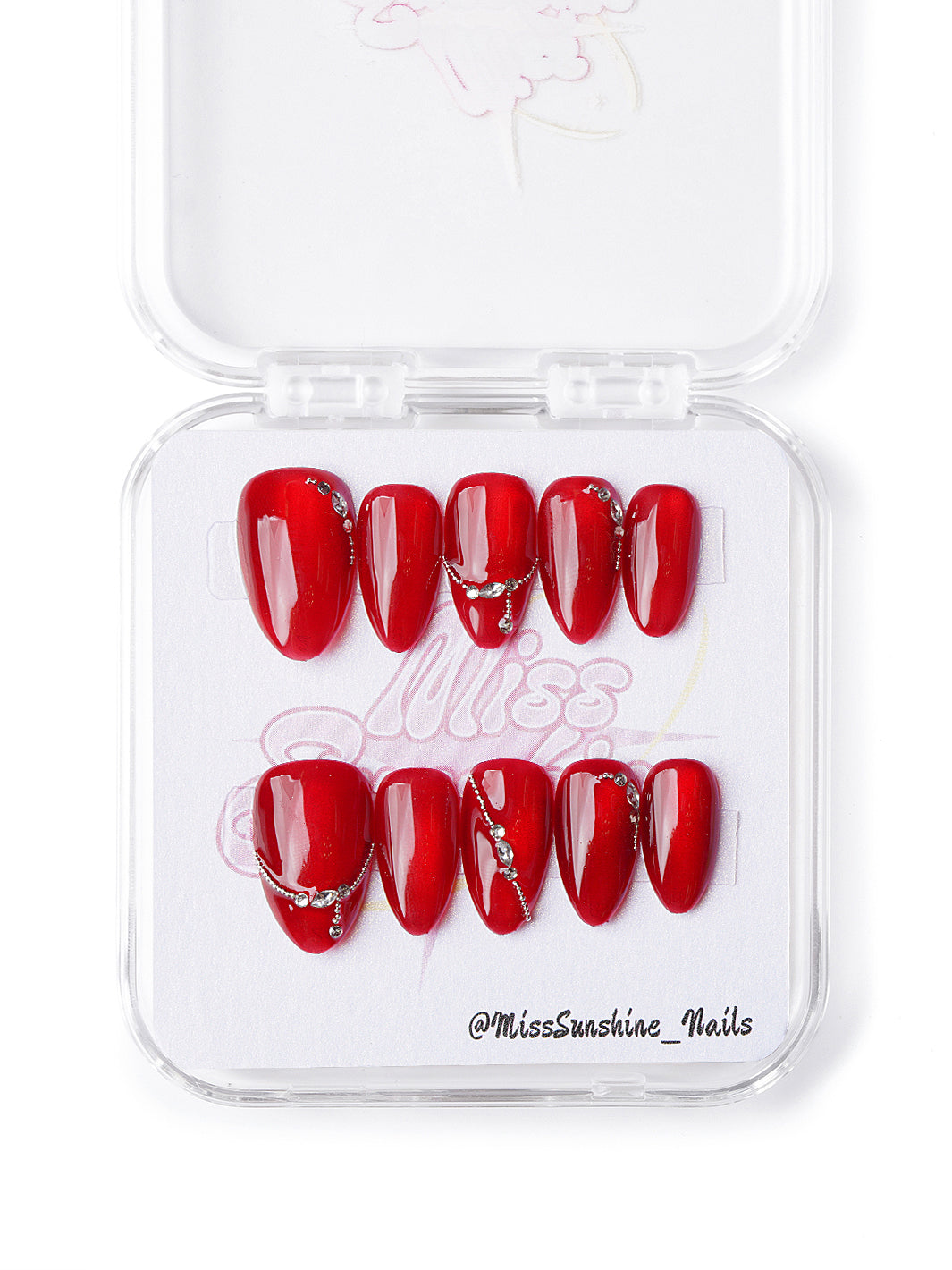 Handmade extra short almond nails with glossy red base and silver rhinestone chains