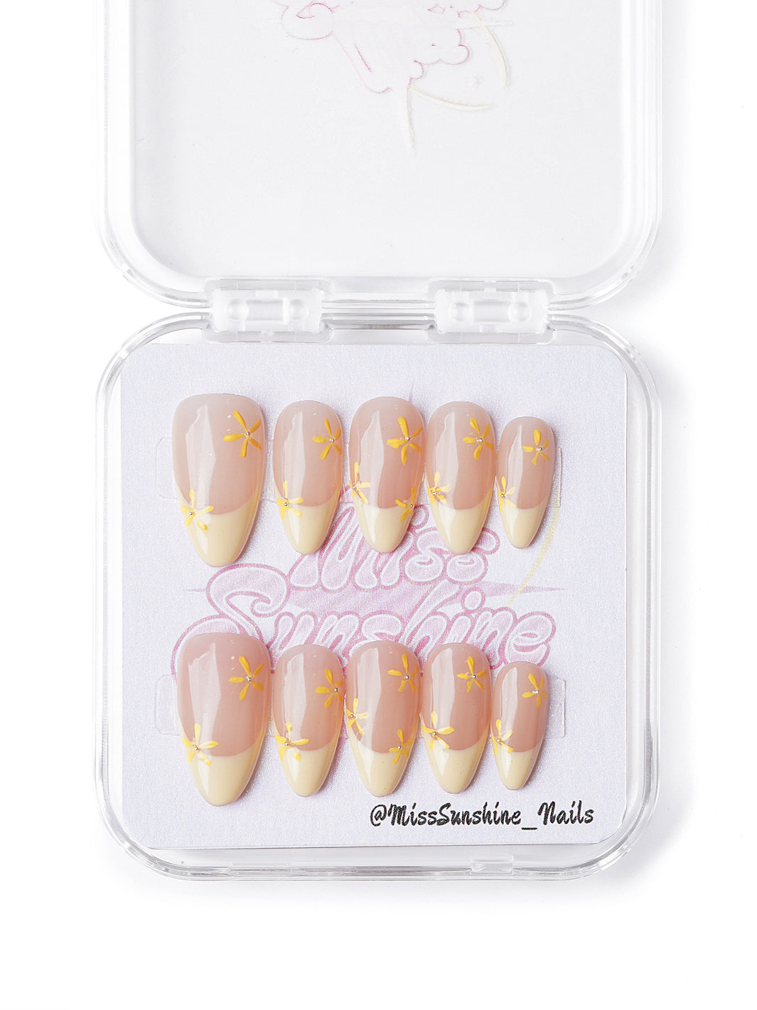 Handmade nude and yellow floral press-on nails with minimalist daisy designs