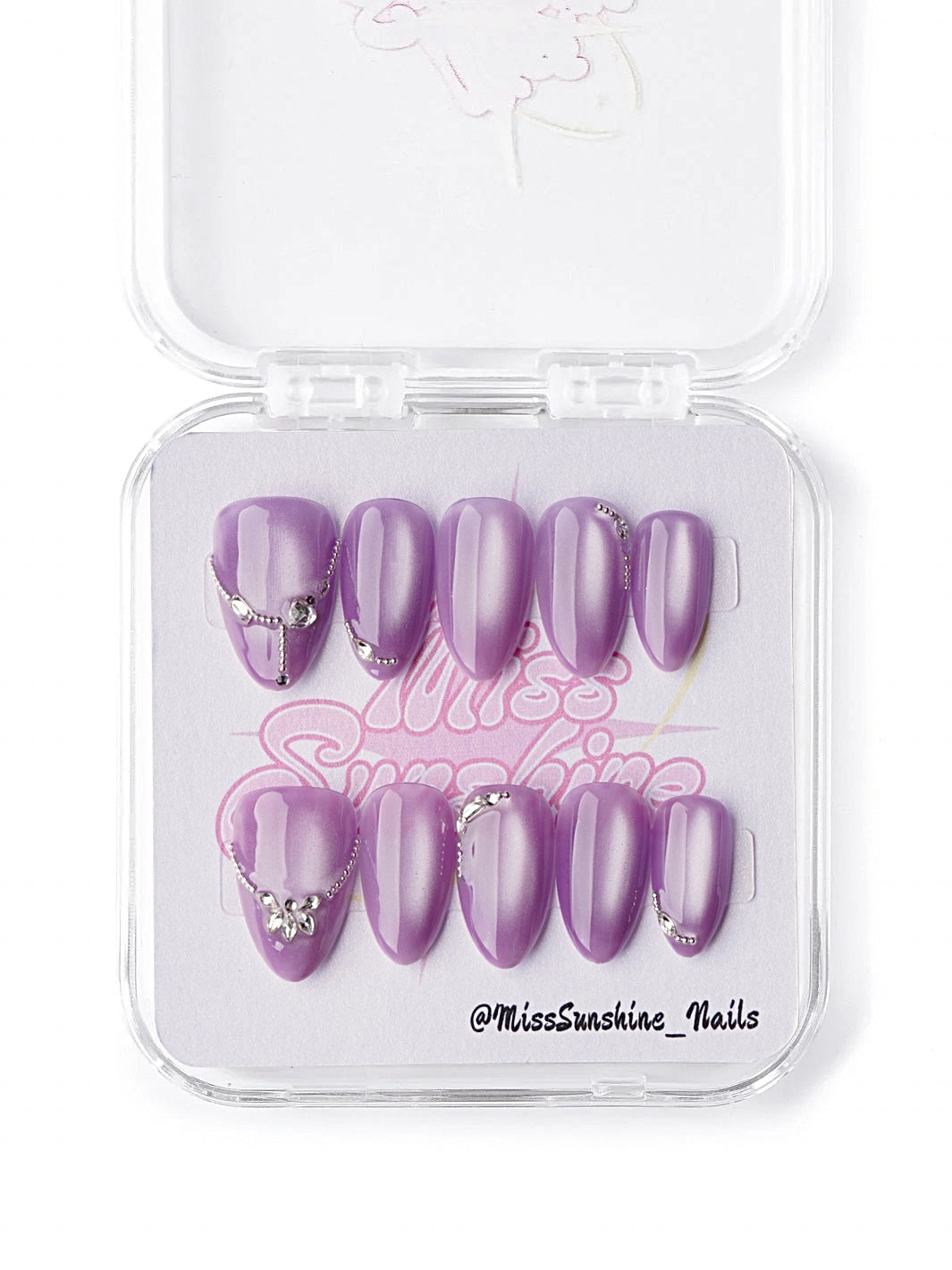 Lavender cat eye prom press on nails with rhinestones