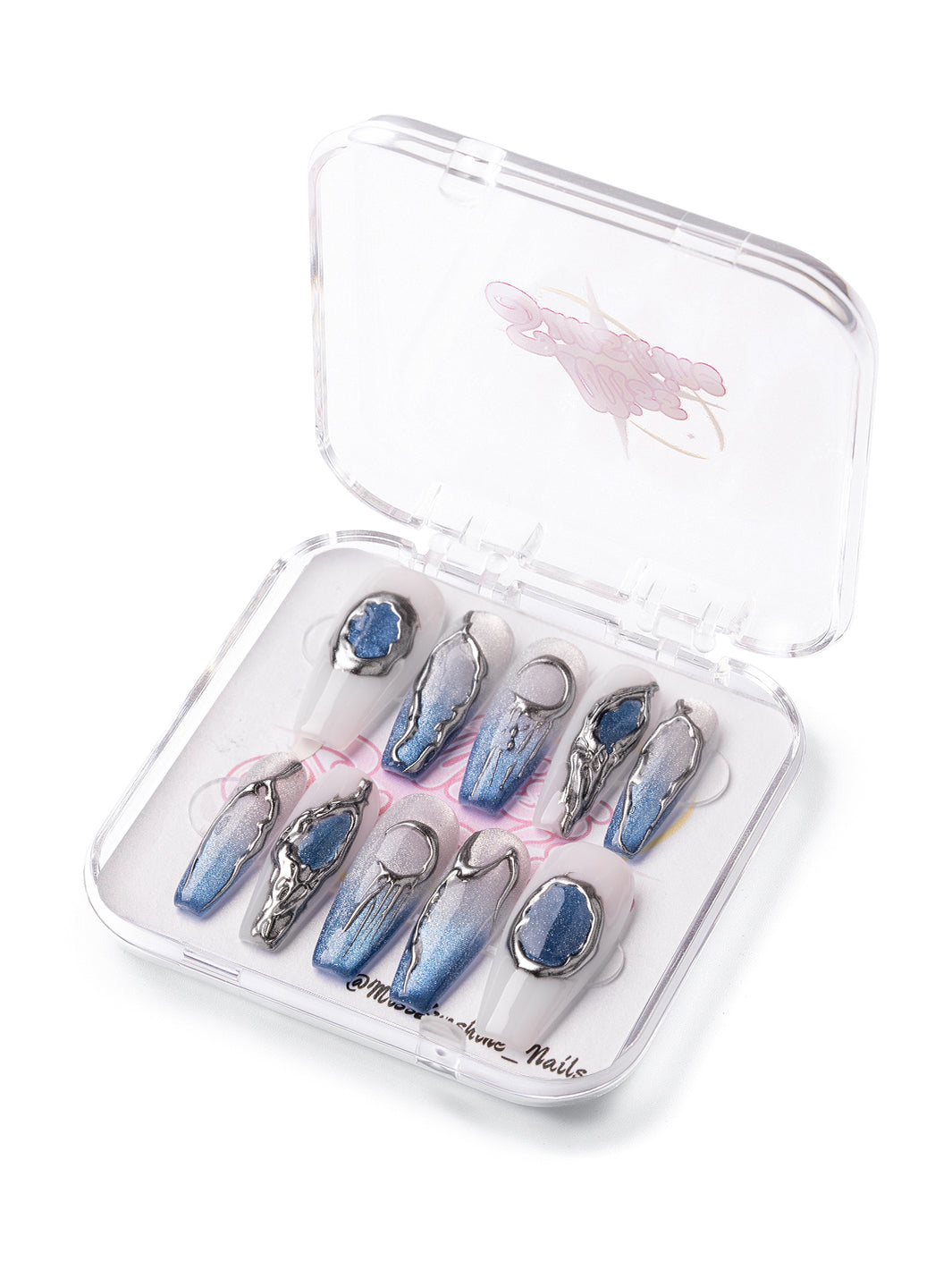 Blue silver ombré nails with chrome drips