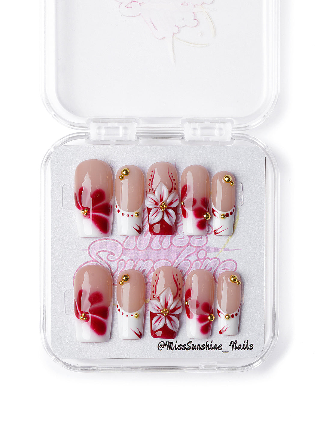 square floral press ons with white tips and bold red blooms