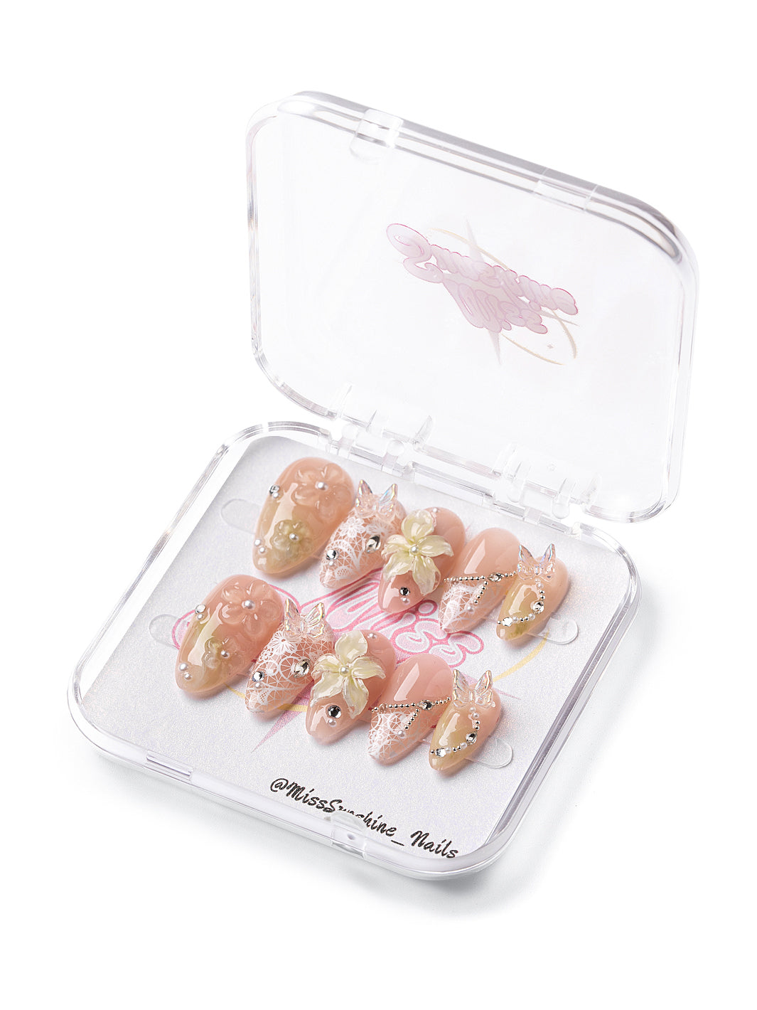 Handmade lace blossom press on nails design