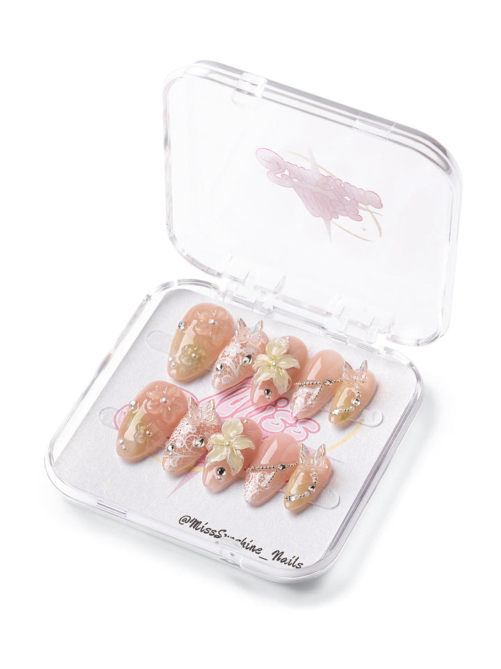 Handmade lace blossom press on nails design