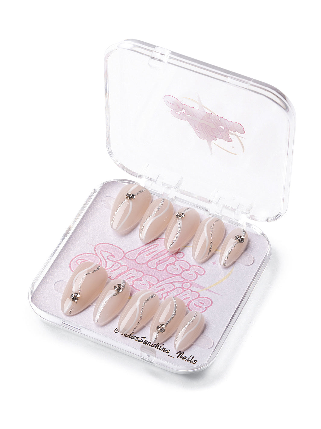 Nude almond nails with silver glitter wave