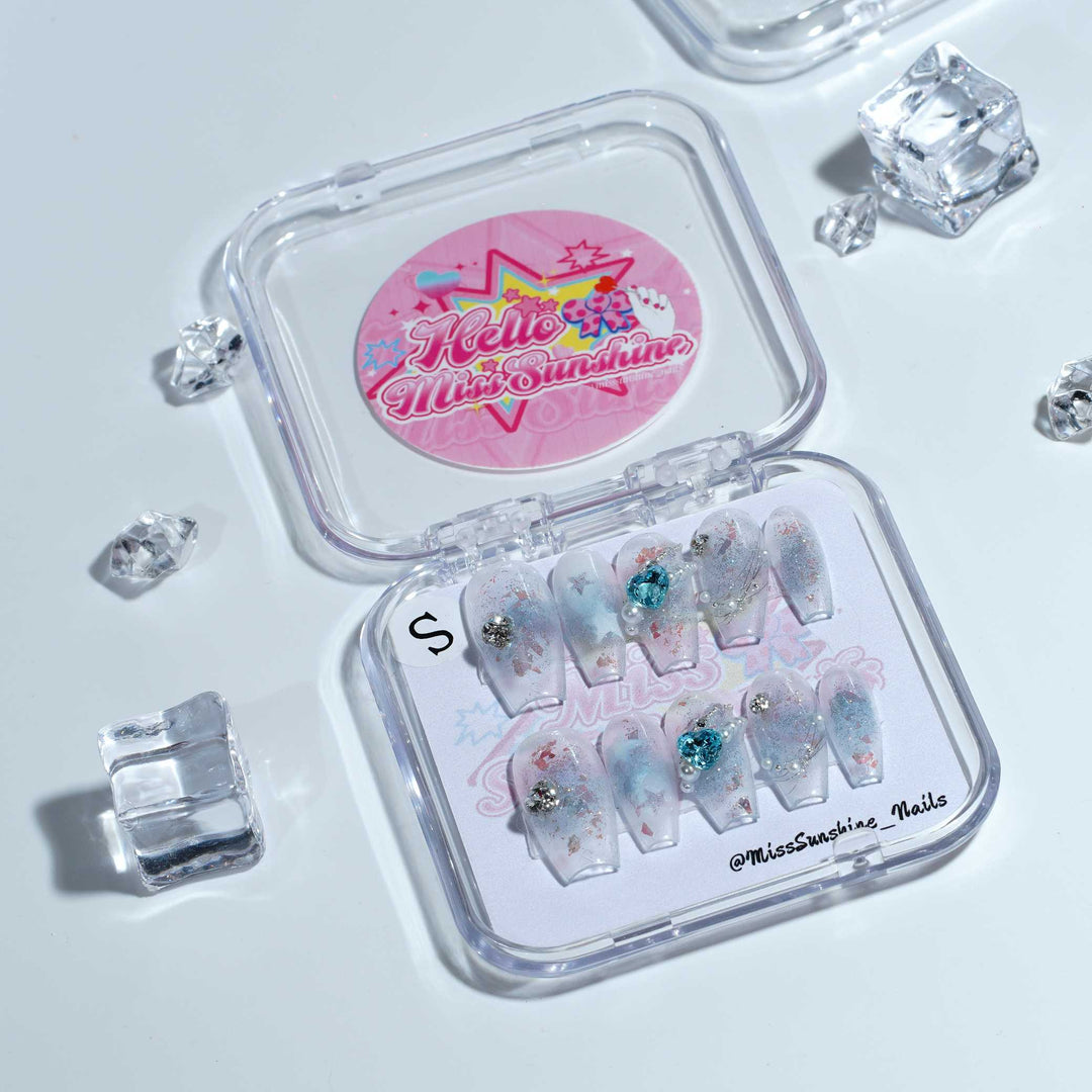 Blue ombré coffin nails with crystal gems