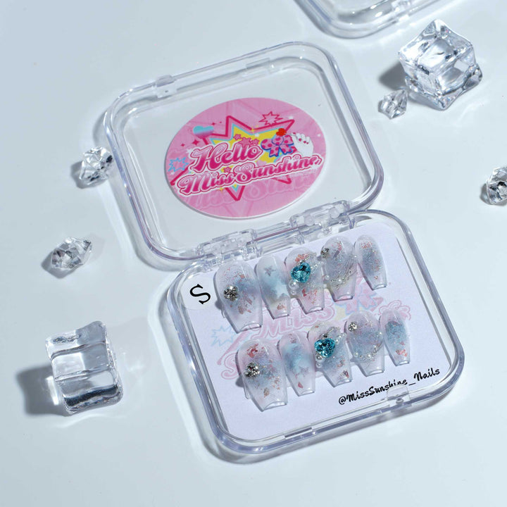 Blue ombré coffin nails with crystal gems