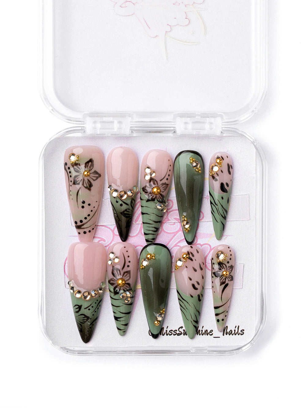 Olive Petal press-on nails with sage green floral designs and gold rhinestones