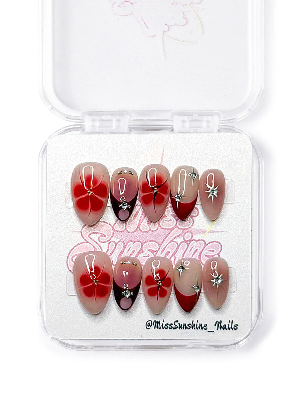 extra Short almond nails featuring hand-painted ombre flowers