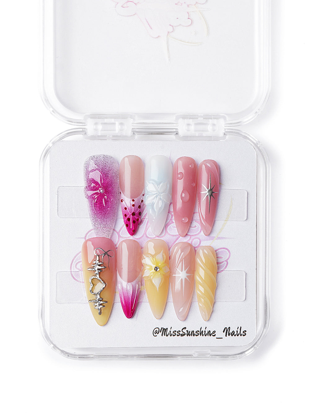 Iridescent summer press-ons with celestial sparkle accents