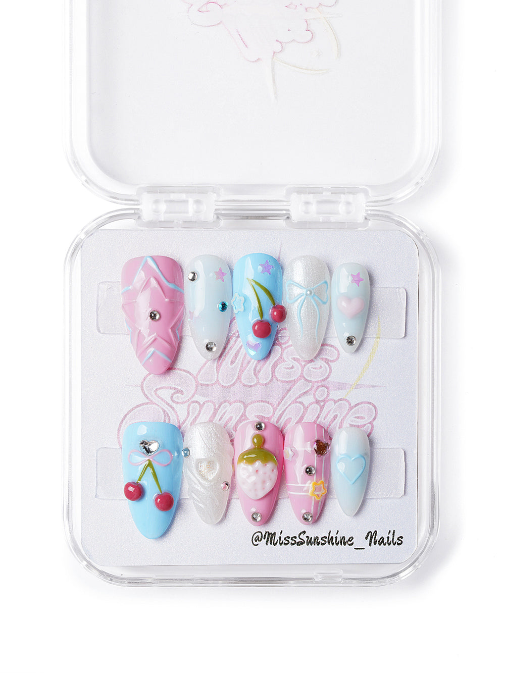  Kawaii-style handmade press-on nails featuring cherry art, iridescent swirls, and cute symbols in glossy pastel tones
