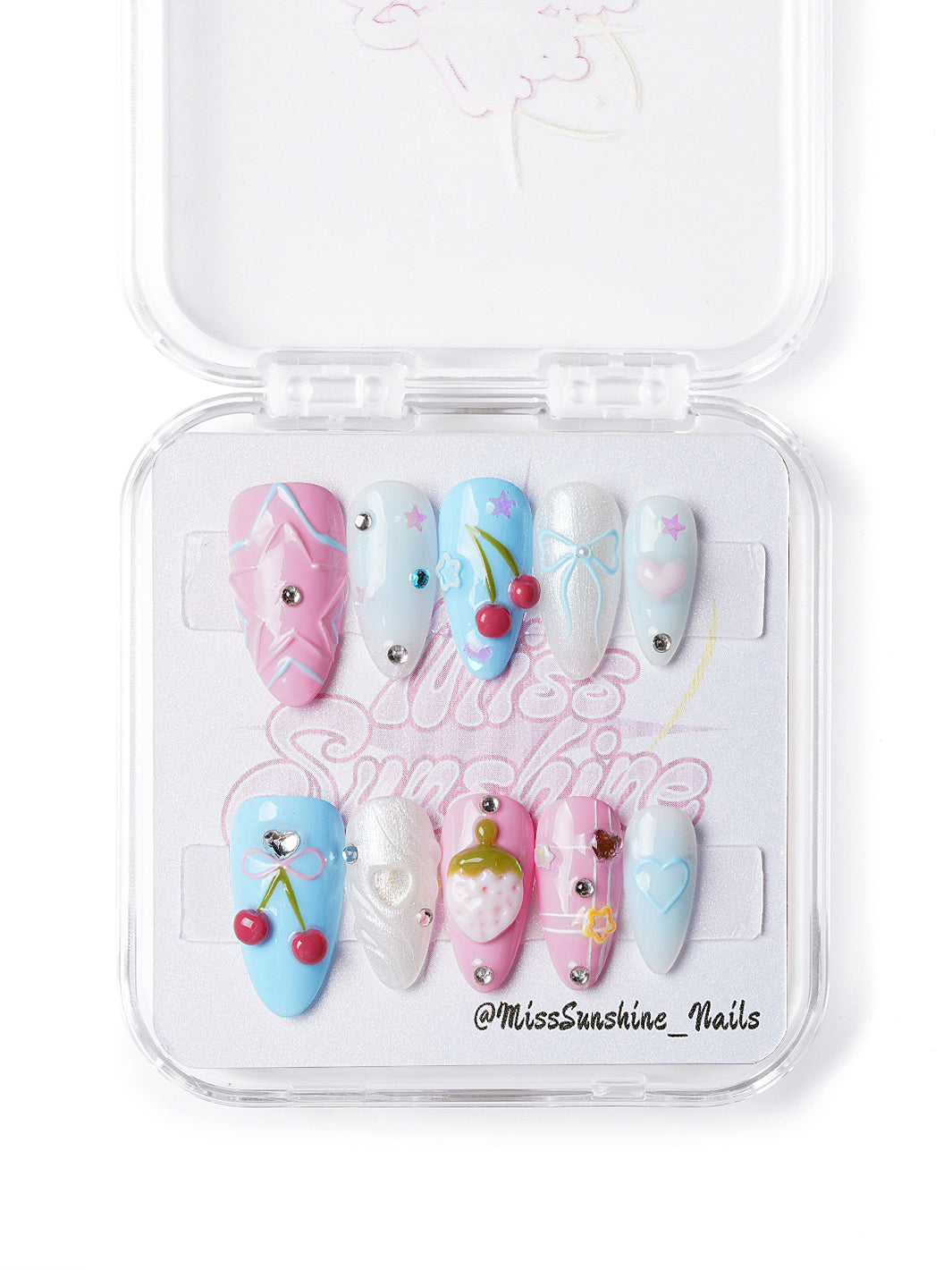  Kawaii-style handmade press-on nails featuring cherry art, iridescent swirls, and cute symbols in glossy pastel tones