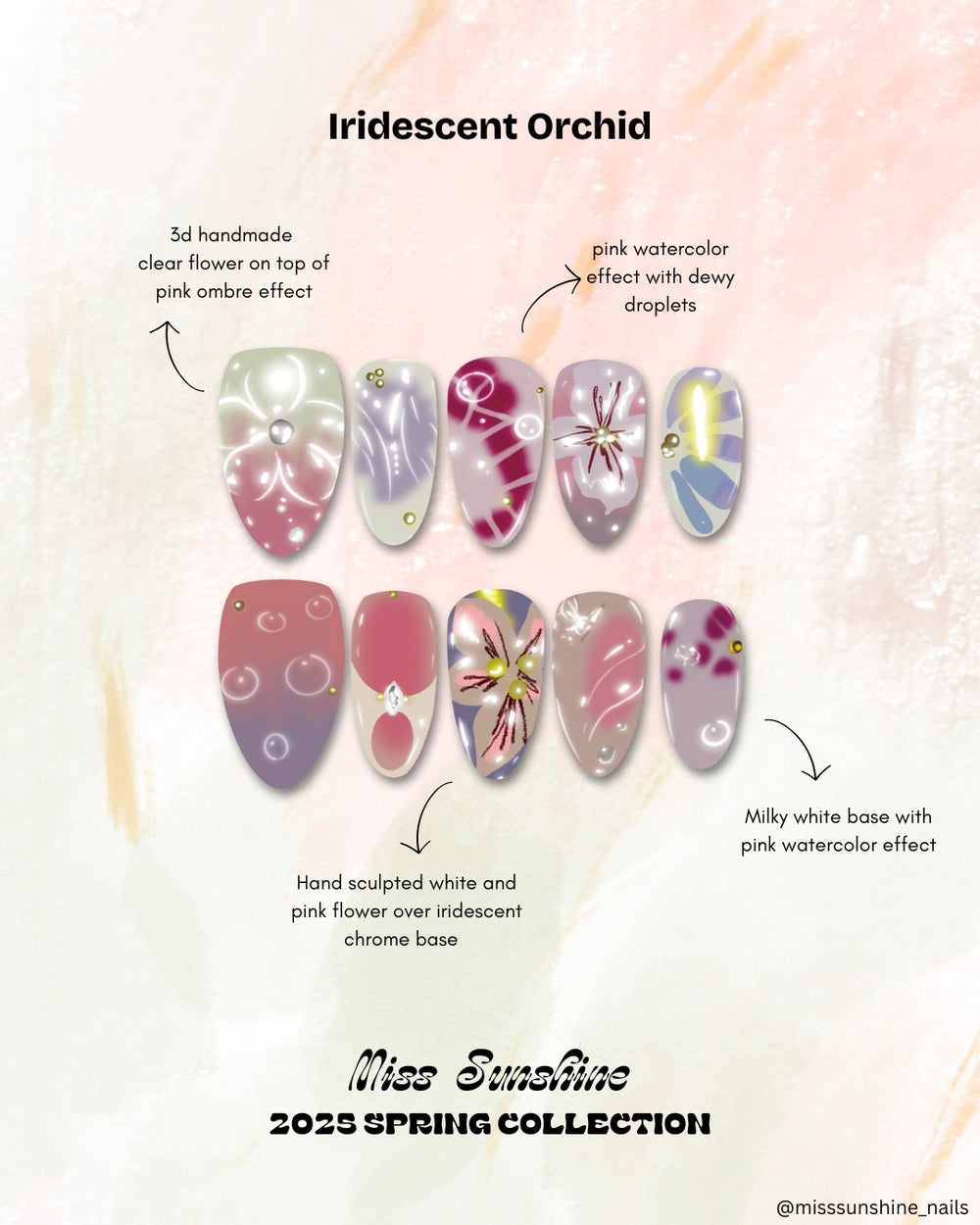 Short almond nails with 3D flowers and dreamy pastels