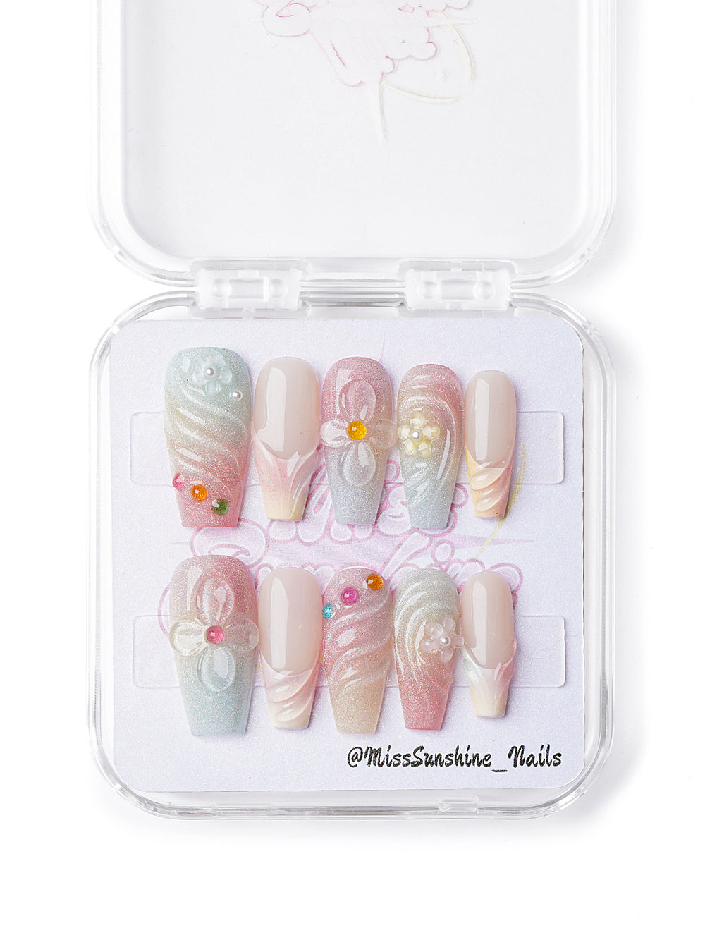 Kawaii nail set with soft swirls