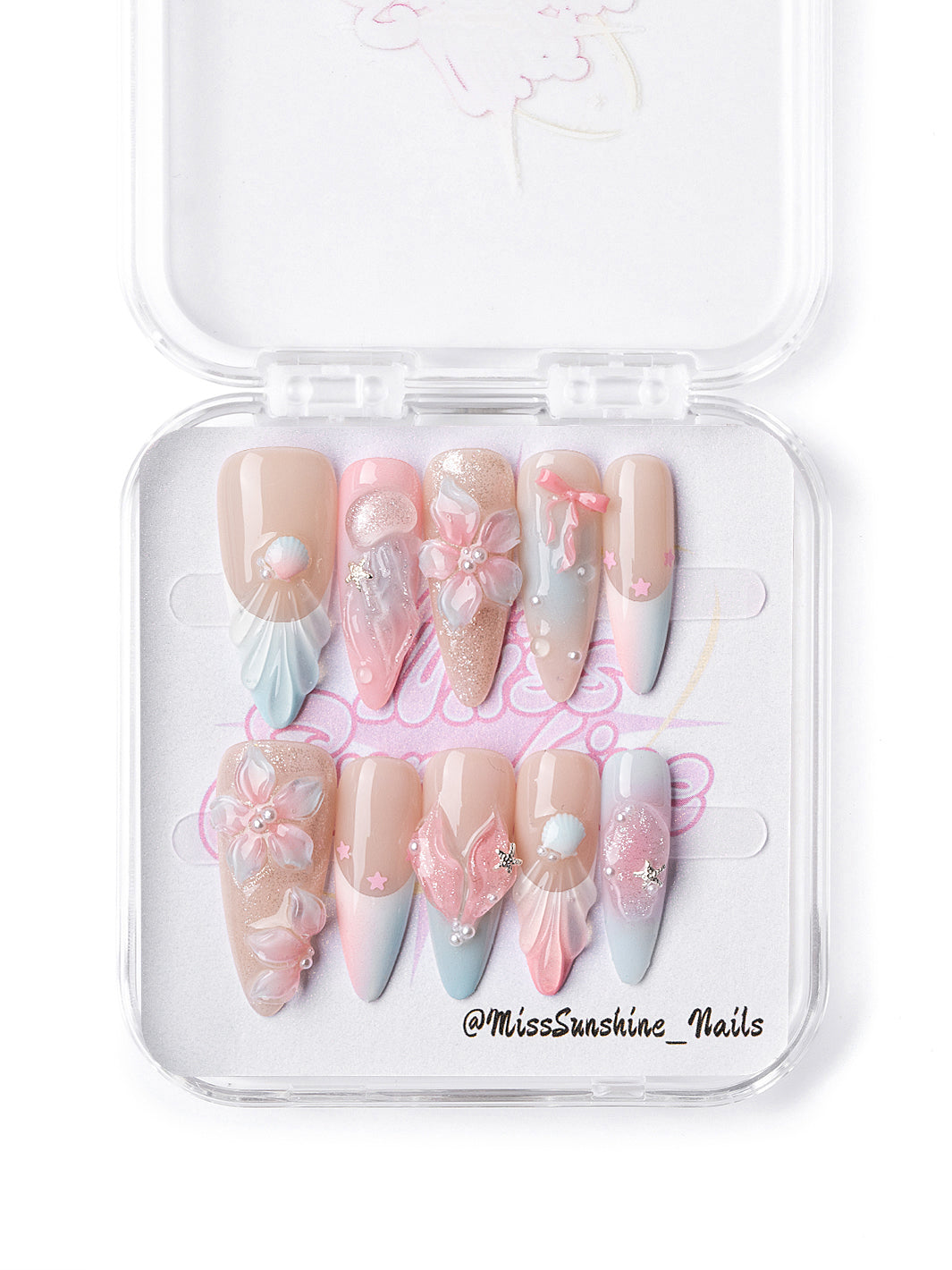 Pastel sea garden press on nails with 3D mermaid tail and floral design
