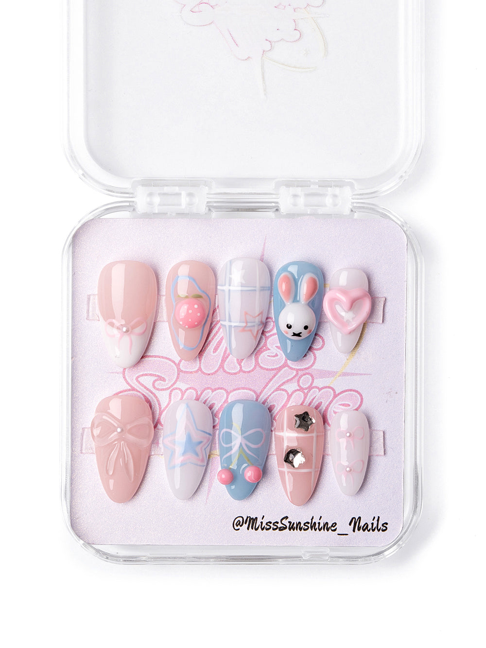 Cute bunny and cherry themed short almond nails